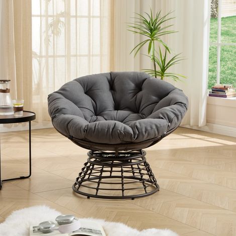 Fauteuil Papasan Pivotant à 360° en Résine Tressée - Diamètre 92cm - Chaise Ergonomique avec Coussin Épais - Marron et Gris (1/5)