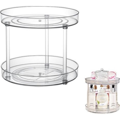 Plateau tournant - Plateau tournant Lazy Susan - Étagère à épices rotative à 2 niveaux - Organisateur de maquillage - 23,5 cm - Transparent - Pour cuisine, salle de bain et cosmétiques (1/5)