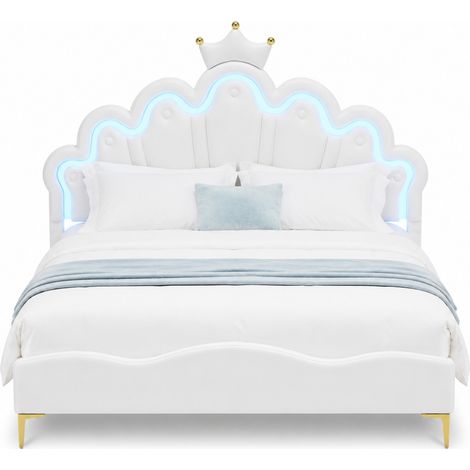 Letto matrimoniale 140x200 cm principessa con testiera a corona, LED RGB e altezza regolabile, rivestimento bianco in cuoio rigenerato - CHICFURN (1/5)