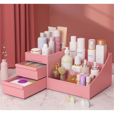 Boîte de rangement cosmétique grande capacité pour maquillage, organisateur de soins de la peau, boîte de rangement pour bijoux (rose)