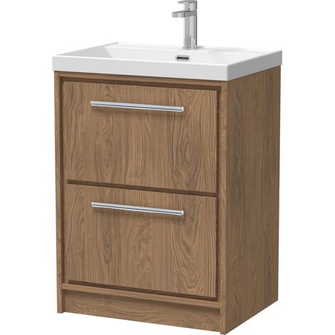 Longnor 2 Drawer Floor Standing Vanity Unit with 1 Tap Hole Thin Edge Basin, Antique Oak, 600mm