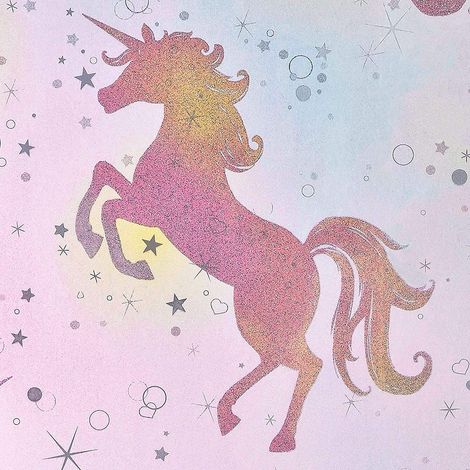 Girls Pink Purple Unicorn Theme Silver Glitter Vinyl Wallpaper Metallic Effect (1/4)