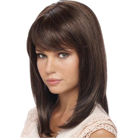 Peluca sintética corta, lisa y de color marrón oscuro con flequillo ajustable de fibra resistente al calor para mujer. (1/5)