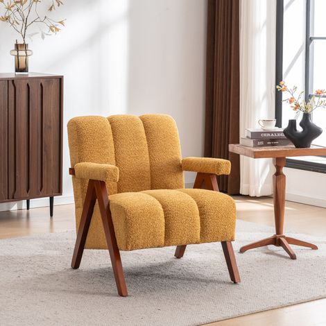 Fauteuil bouclé jaune – Structure bois – Salon/Chambre – Confortable – Design moderne – Assise moelleuse – Style lumineux (1/5)