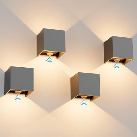 12W Applique avec détecteur de mouvement 4 PCS, Applique murale exterieur/interieur,IP65 3000K,Applique détecteur de mouvement Angle de Rayonnement Réglable, Gris foncé (1/5)