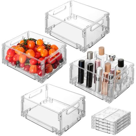 Lot de 4 Rangement Frigo Transparent, Organisateur Frigo Empilable Pliable, Boîtes de Rangement et Organisation de Cuisine Pour Aliments, Cosmétiques et Articles de Bureau - Sans BPA (1/5)