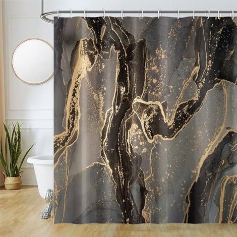 Rideau Douche Noir, Rideau de Douche Effet Marbre Jaune Moderne Rideaux de Baignoire Anti Moisissure Imperméable Tissu Polyester Lavable Rideaux Salle de Bain avec 12 Crochets 180x180cm (1/5)