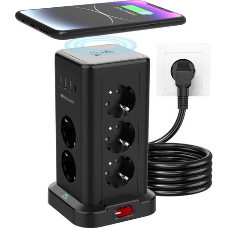 Tour de Prises 11 avec Chargeur sans Fil Protection Contre Les Surtensions et Interrupteur 3680W Max (16A) 11 Prises EU + 4 Ports USB Câble d'alimentation 2m pour Bureau, Maison Noir (1/5)