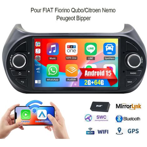 Autoradio Android 15 Carplay pour Fiat Qubo/Fiorino Citroën Nemo Peugeot Bipper - 2+64G DAB+