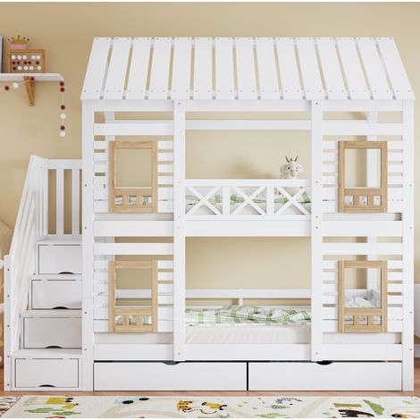 Litera infantil 90x200 cm blanco y natural, estructura de madera con almacenaje (1/5)