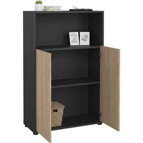 Dmora - Credenza Perrine, Buffet da soggiorno, Madia da salotto, Dispensa da cucina, 80x34 h124 cm, Rovere e Grigio