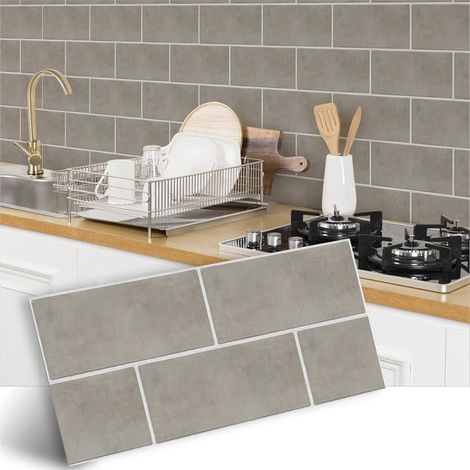 Stickers muraux imperméables motif marbre beige-gris pour cuisine, salle de bain, 8 feuilles (30 x 15 cm), imperméables, pour carrelage et salle de bain. (1/5)