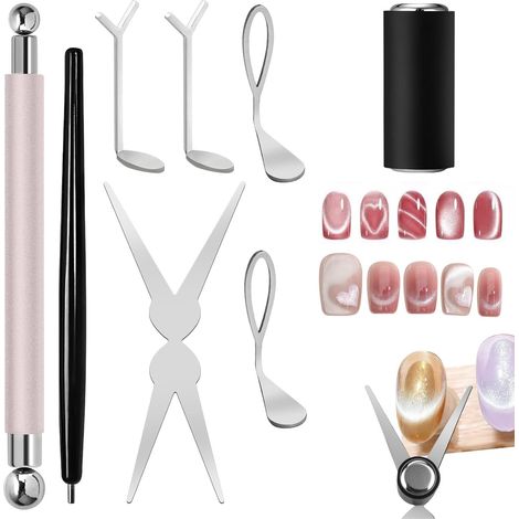 Set of 8 "Cat Eye" Magnets – 3-in-1 Nail Art Kit including scissor and cylindrical magnets to create "glass bead" effects, as well as "Cat Eye" designs. (1/5)