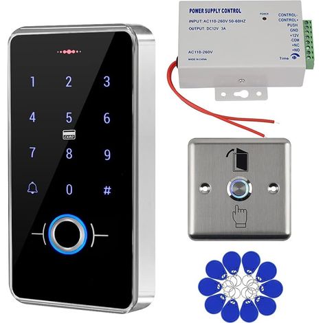 Kit de contrôle d'accès RFID pour porte - Clavier étanche IP68 - Clavier à empreinte digitale, alimentation 12V 3A, interrupteur de porte en métal, 10 porte-clés IC pour maison/appartement (1/5)