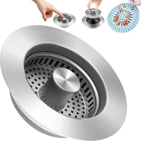 Passoire et bouchon d'évier 3 en 1, bouchon d'évier escamotable en acier inoxydable 304, passoire anti-obstruction pour évier de cuisine standard de 3-1/2 pouces (1/5)