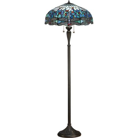 Interiors Dragonfly Blue - Lampada da terra a 2 luci bronzo scuro, blu, vetro stile Tiffany, E27 (1/4)