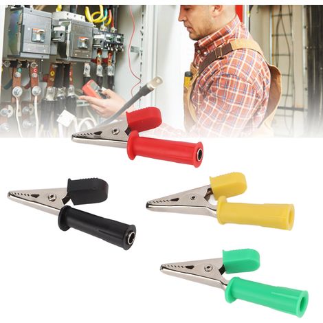Pinces de test ouvertes tout cuivre de 5 mm, rouges, noires, jaunes et vertes, vendues par lot de 5 (J.60045). Comprend une prise jack 4 mm à l'extrémité pour les tests de puissance. (1/5)
