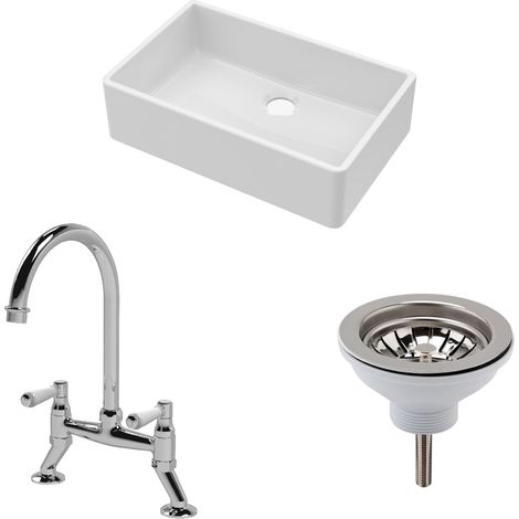 Fireclay Kitchen Bundle - 1 Bowl Butler Sink, Waste & Bridge Mixer Tap - 795mm - Chrome Finish Kitchen Sink