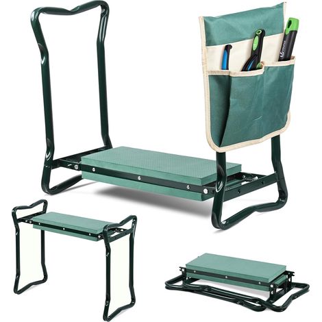 VOUNOT® Inginocchiatoio da Giardino 2 in 1, Sgabello Pieghevole con Cuscino Morbido in EVA e Borsa Porta Attrezzi, Verde (1/5)