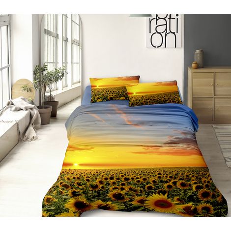 Completo Letto Lenzuola 100% Cotone Set Lenzuolo Moderno Sotto Sopra Federe Due Stampe In Altissima Definizione Dis73girasoli - Matrimoniale