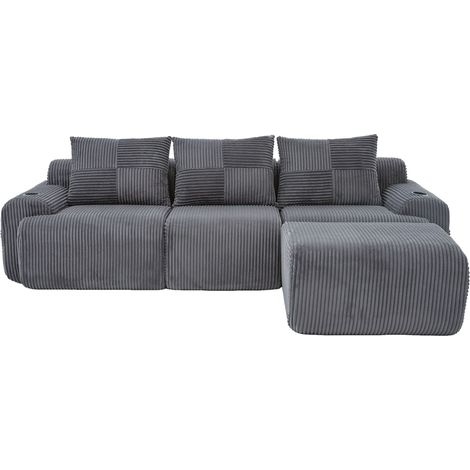 Divano modulare a 3 posti in velluto a coste grigio scuro con pouf, portabicchieri e tasca laterale (1/5)