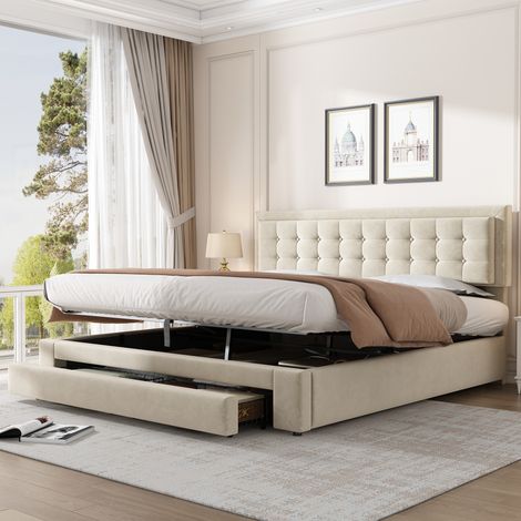 Etagenbett 180/200 cm de terciopelo beige con cabecero regulable y espacio de almacenaje (1/5)