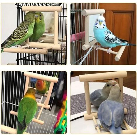 Miroir pour cage d'oiseau - - 2 pièces - Perchoir intégré - Bois et miroir - Résistant aux morsures (1/4)