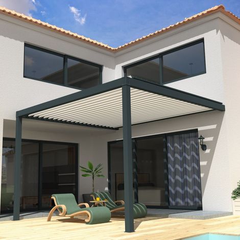 Pergola Bioclimatique STYLE Mixte Gris anthracite / Blanc 4,00x3,642m (Motorisé à télécommande + Eclairage LED) (1/5)