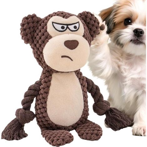 Juguete para perros para tirar y morder - Juguete de cuerda - Juego interactivo - Con chirriador incorporado - 21 x 10 x 7 cm - Marrón (1/5)