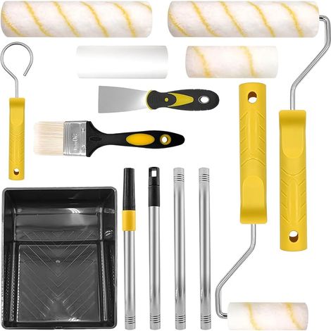 12 Pièces Kit Bacs Rouleau de Peinture avec Poignée Manche Extension Amovible, 10/23cm Supports Rouleaux Peinture et Plateaux, Pinceaux, Outil Mélangeur, Spatule Peindre & Rénover Murs Plafonds
