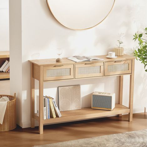 Table console en rotin avec 3 tiroirs de rangement, table d'entrée en rotin naturel avec porte coulissante, 1305 x 300 x 815 mm, rangement pour salon, bureau, entrée ou mur TV, couleur du bois (1/5)