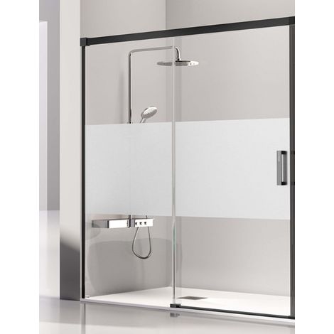 Mampara de Ducha Frontal- 1 Hoja Fija y 1 Puerta Corredera- Cristal de Seguridad de 6 mm - Modelo Glase 2 BN (140 - 144 cm) - CRISTAL DECORADO (1/3)