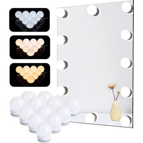 Kit d'éclairage LED Hollywood à 12 ampoules, lampe miroir cosmétique à intensité variable pour salle de bain, 3 couleurs, 10 niveaux de luminosité (1/3)