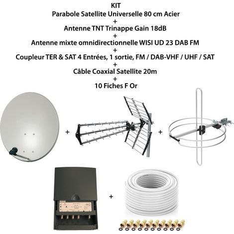 Antenne parabolique 80 cm acier galvanisé – Antenne TNT gain 18 dB – Antenne omnidirectionnelle DAB FM – Coupleur 4 entrées – Câble coaxial 20 m – M-E (1/5)
