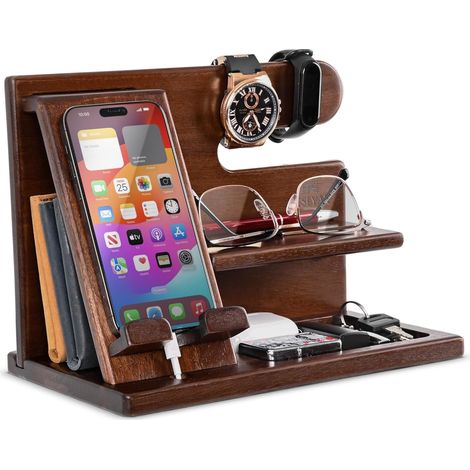 Station d’accueil en bois, organisateur de table de nuit ou bureau, idée cadeau anniversaire pour homme ou papa