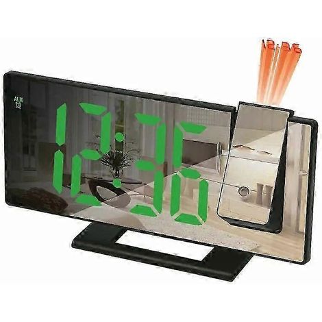 Réveil numérique à projection LED avec affichage de l'heure et de la température, rétroéclairage et fonction snooze idéal pour la décoration de la chambre fond vert avec lettrage noir. (1/5)