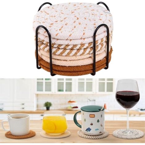 Set mit 8 handgewebten Untersetzern - Dicke und wärmeisolierende Untersetzer - Rund - Waschbar - Langlebig - Mit Aufbewahrungsständer - Kaffeebraun - 11 x 7 cm - Geeignet für Couchtische und Bürodekor