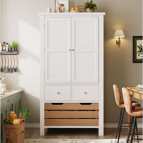 Credenza da cucina 80x40x140 cm bianca in MDF con 2 ante, 5 cassetti e ripiani (1/5)