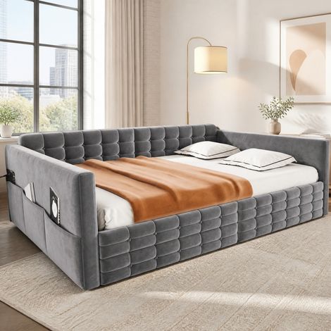 Lit rembourré 140x190 cm en velours gris avec rangements, OKWISH (1/5)