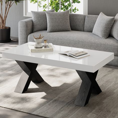Mesa de centro de 100x50x40 cm, tablero brillante, patas en forma de X, diseño moderno y versátil en MDF blanco y negro. (1/5)