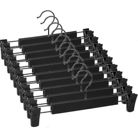 Lot de 10 cintres pour pantalons et jupes, avec 2 pinces antidérapantes et réglables, pour suspendre pantalons, chaussettes et jupes - Noir (1/5)
