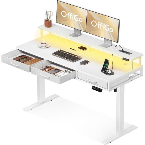 Bureau Assis Debout avec 3 Tiroirs, 140cm Bureau Electrique, Blanc (1/5)