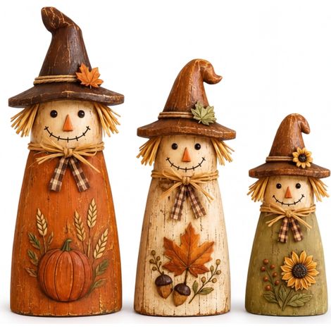 Beyamis Figurines épouvantails vintage – lot de 3, bois, automne/Halloween, déco (1/5)