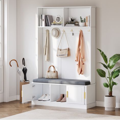 Porte-manteau sur pied en panneaux de particules blanc avec 6 crochets, banc et range-chaussures, 120 x 40 x 191 cm (1/5)