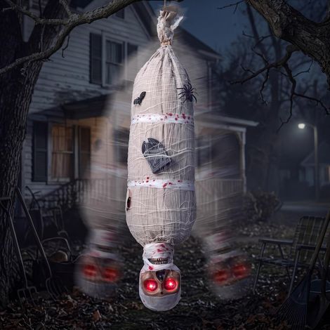 Corps suspendu d'Halloween animé de 89 cm avec yeux LED, effets sonores et accessoires effrayants, la décoration parfaite pour le jardin, la maison hantée et l'extérieur (1/5)