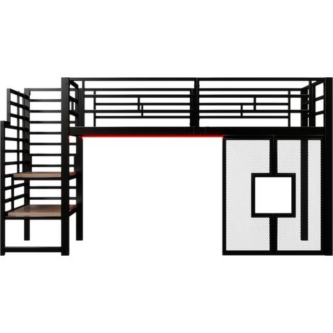 Metall-Hochbett 90 x 200 cm schwarz mit Treppe, Stauraum, LED und Fenstern (1/5)