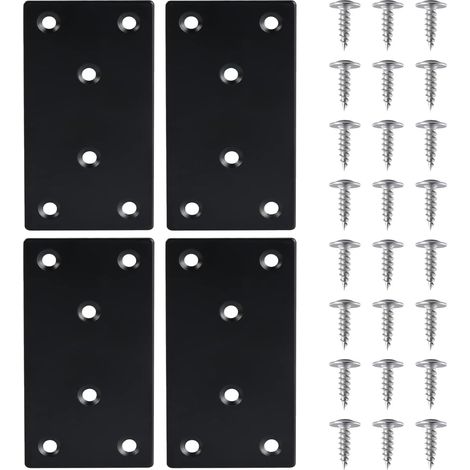 Lntyq 4 Pièces Équerre Fixation Plate Plaques de Réparation en Acier Inoxydable Plaques Perforées avec VisEquerre Métal, 48971.8mmPlaque Acier Noir,pour la Réparation Réparation Connexion Meubles