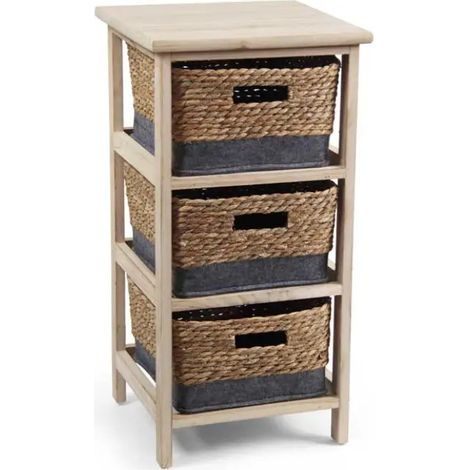 Cajonera de madera natural 33 x 31 x 63 cm con 3 cestos extraíbles
