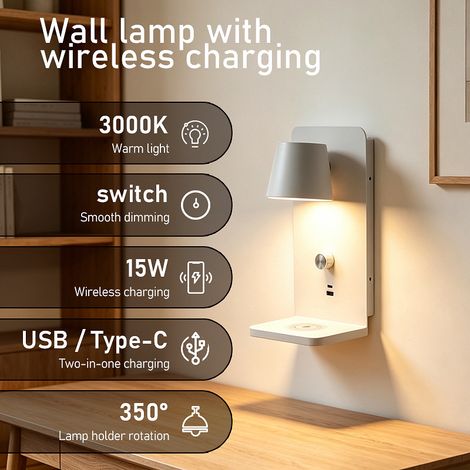 CYUNSHOP Lampe murale LED 8W 3000K – Dimmable sans palier, rechargeable USB, sans fil, design minimaliste pour chambre (blanc). (1/4)
