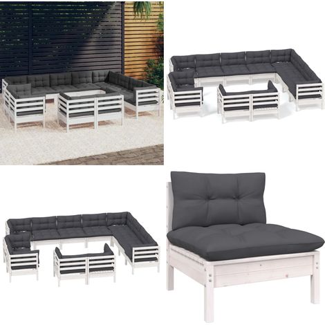 12-tlg. Garten-Lounge-Set mit Kissen Weiß Massivholz Kiefer - Gartengeräte - Lounge Set - Gartenmöbel - Outdoor Möbel - Esstisch - Home & Living (1/5)